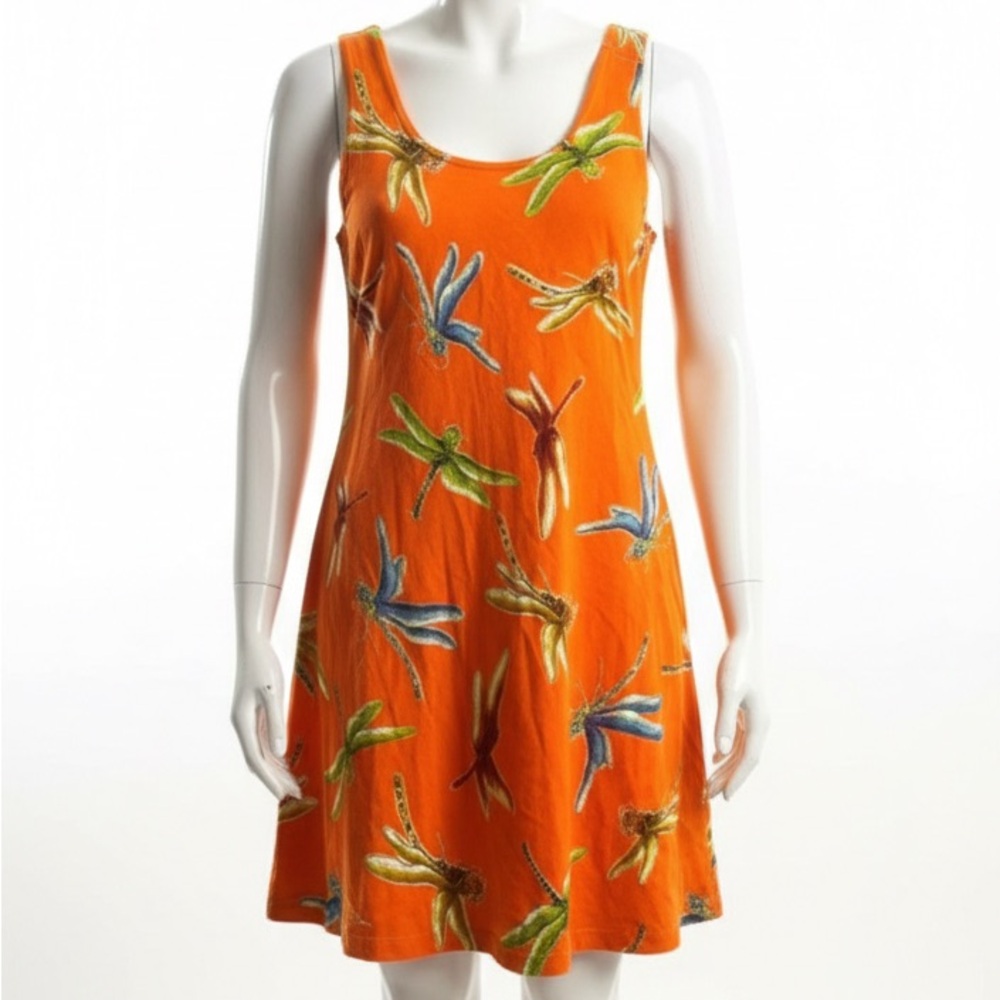 Retro 90s Made in USA Dragonfly Print Sun Dress Orange Sleeveless Dress M